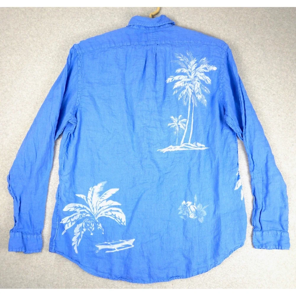 Polo Ralph Lauren Mens XXL Blue 100% Linen Tropical Palm‎ Tree Button Down Shirt